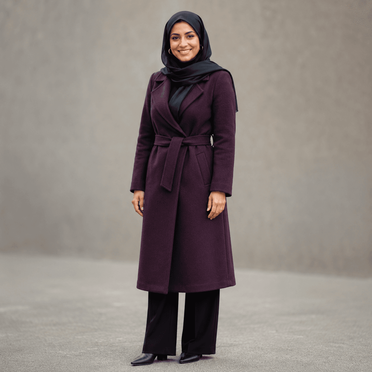 Photorealistic character reference for Noor's mum in a deep plum coat.