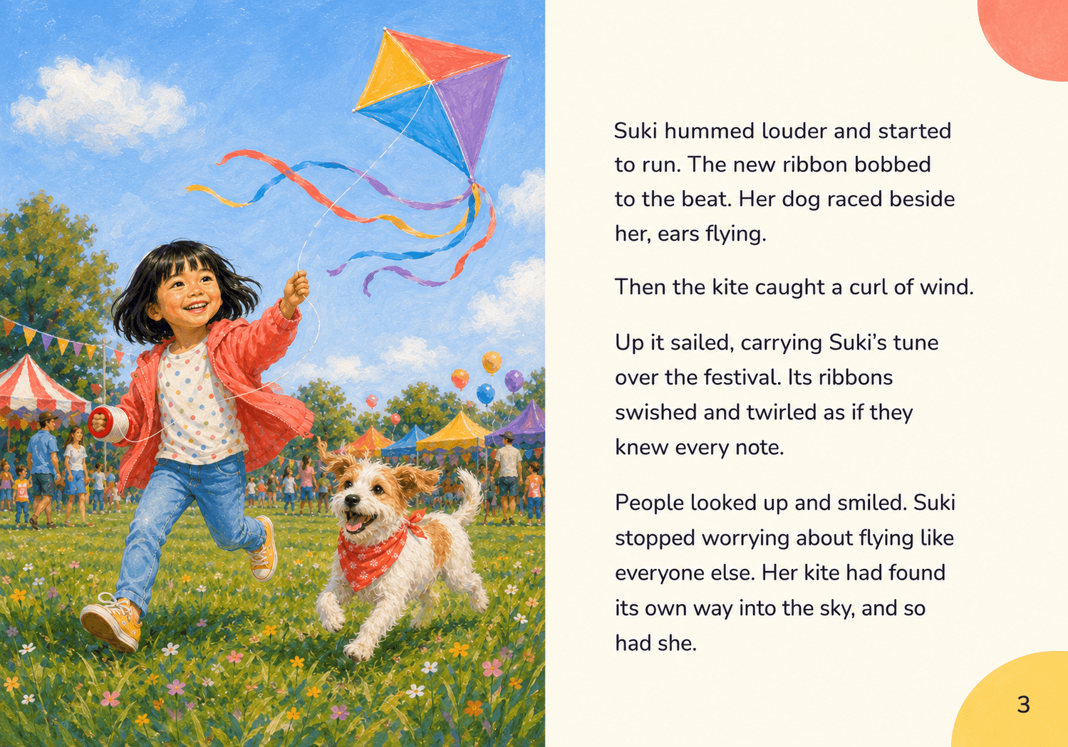 Open sample spread from Suki and the Singing Kite, with Suki flying her kite beside the typeset story page.