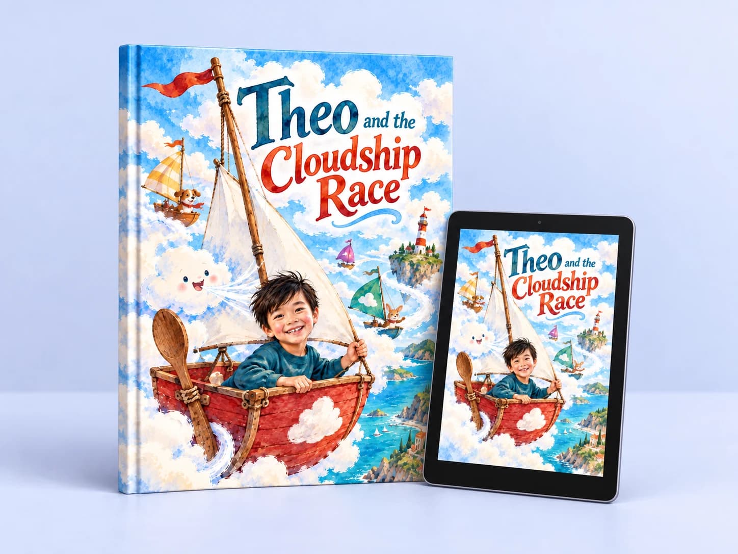 Maqueta del libro de tapa dura Theo and the Cloudship Race junto a su portada digital en una tableta.